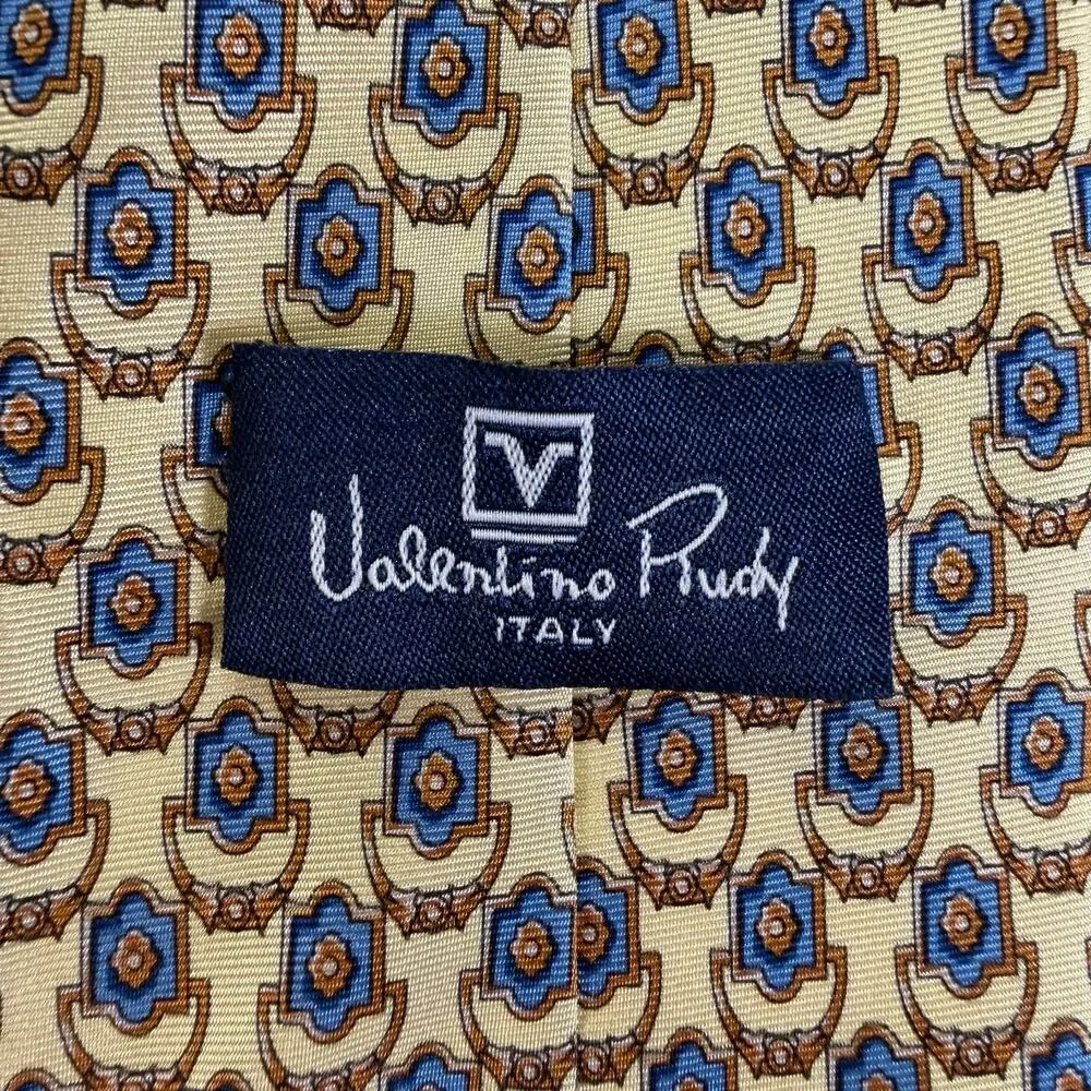 Valentino Rudy Italy Men’s 100% Silk Yellow Blue Brown Geometric Necktie